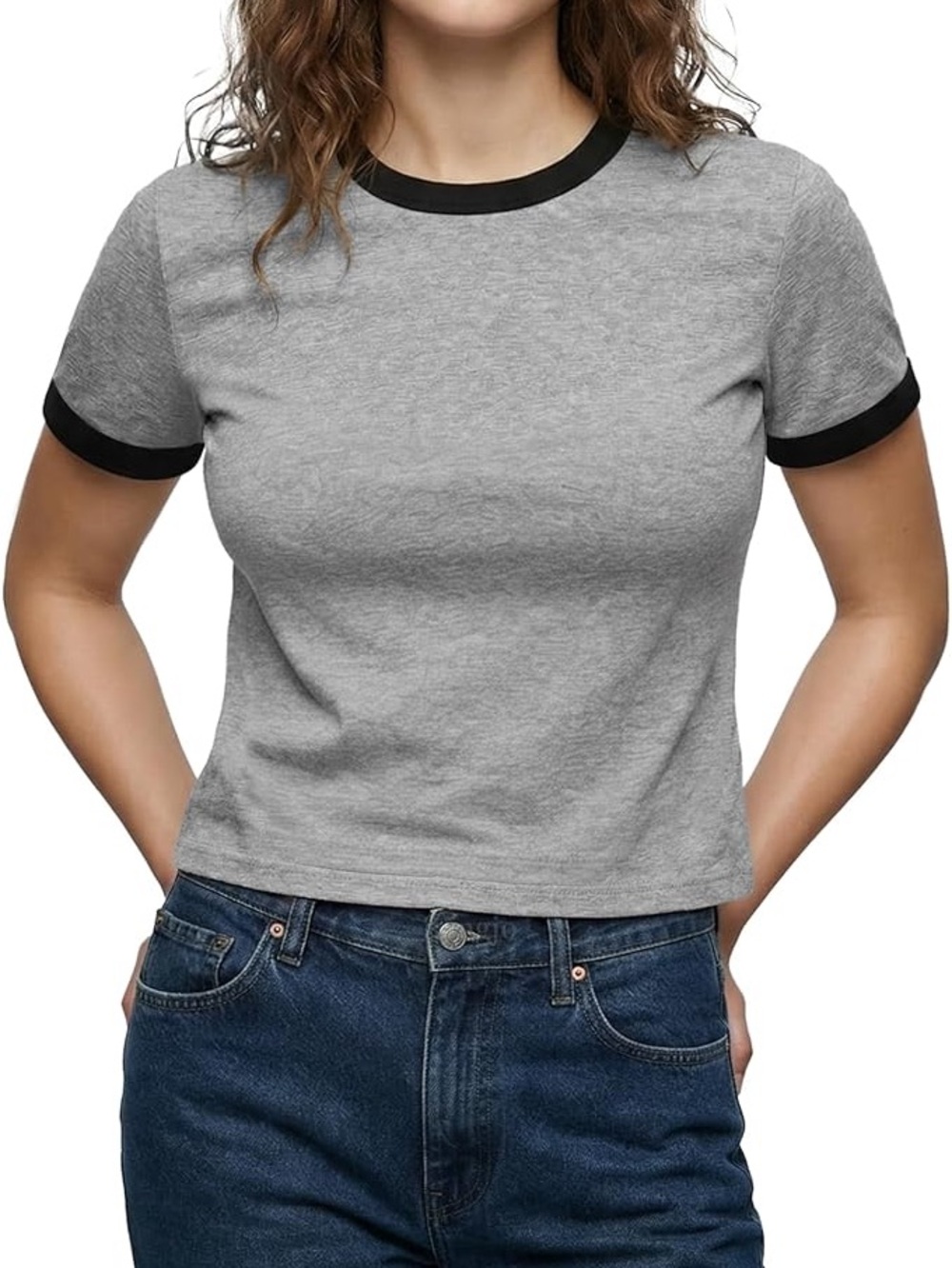 Women's Grey Ringer Short Sleeve Tee with Black Trim